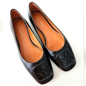 Tory Burch Black Leather Square-Toe Logo Flats
